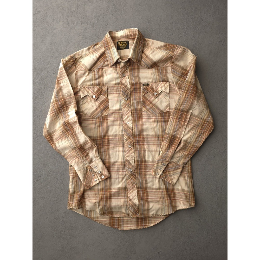Vintage 70s 80s Bar M Rancher Beige Plaid Permanent Press Snap Western Shirt M